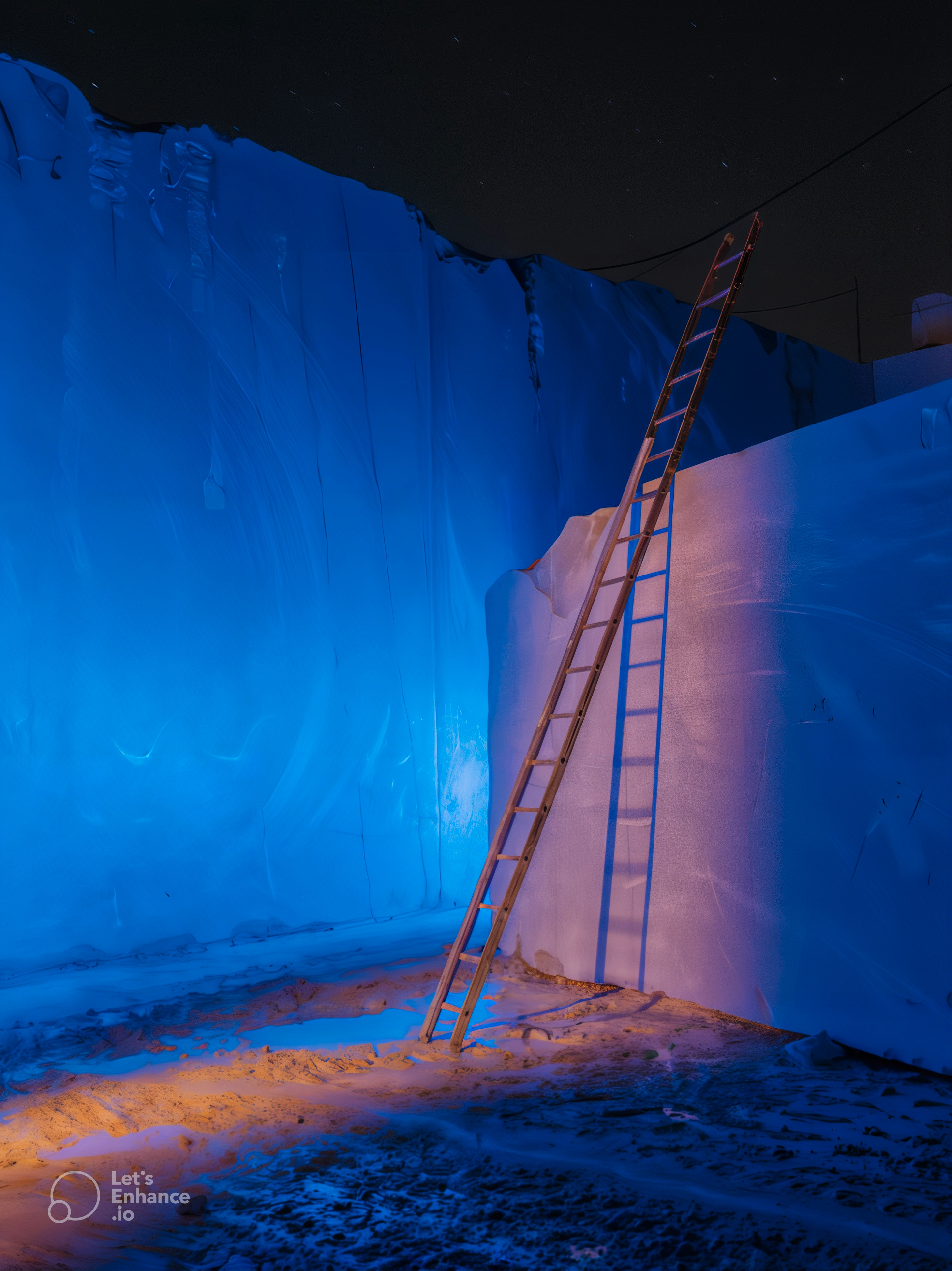 Dramatic blue-lit marble quarry interior with ladder showcasing the artistic beauty of raw marble extraction