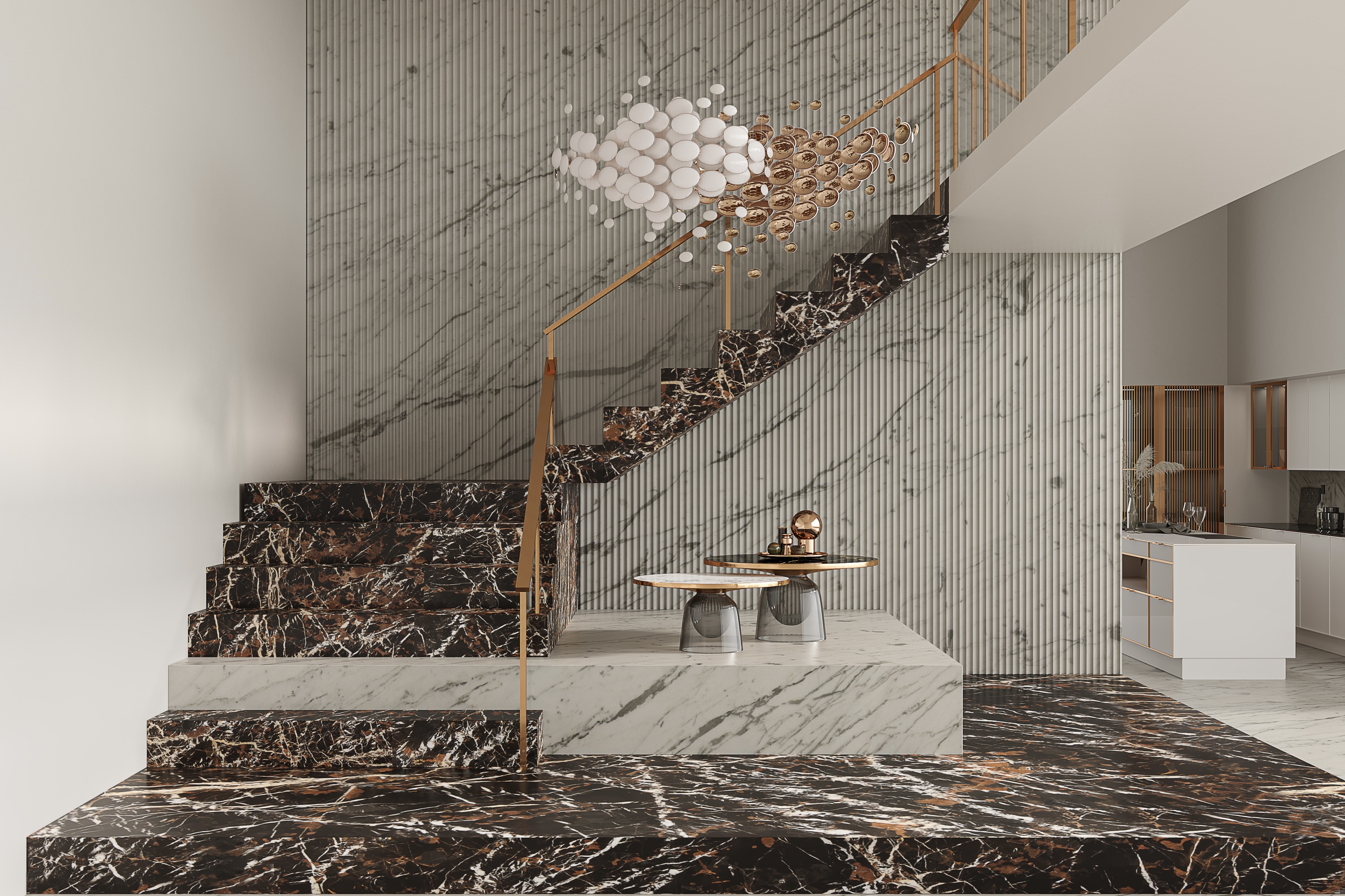 Luxury modern interior showcasing contrasting marble finishes with white Statuario and dark marble elements